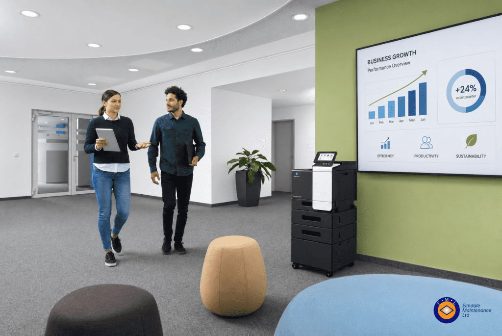 Buy Office Copier Machine Without Overspending | Elmdale Maintenance Ltd Modern office reception area with a Konica Minolta multifunction printer positioned beside a large wall-mounted display showing business growth metrics and performance charts. Two professionals walk through the space discussing work, one carrying a tablet and the other a laptop. The bright, contemporary office features soft seating, indoor plants and a clean corporate environment, illustrating how office printing supports productivity, efficiency and business growth.