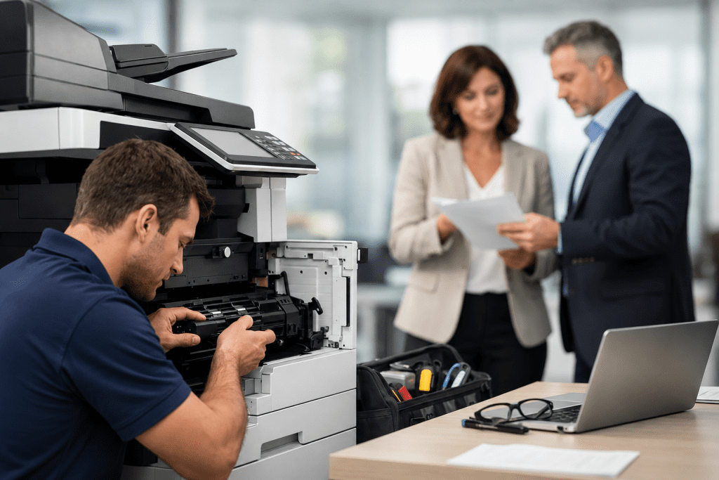 Choosing an Office Copier Servicing Company | Elmdale Maintenance Ltd A printer engineer wearing a navy polo shirt services a multifunction office printer, replacing components inside the open machine. A toolkit, laptop, glasses, and service paperwork are positioned on a nearby desk, while two office staff review documents in the background. The scene highlights professional printer maintenance and on-site support in a modern business environment.