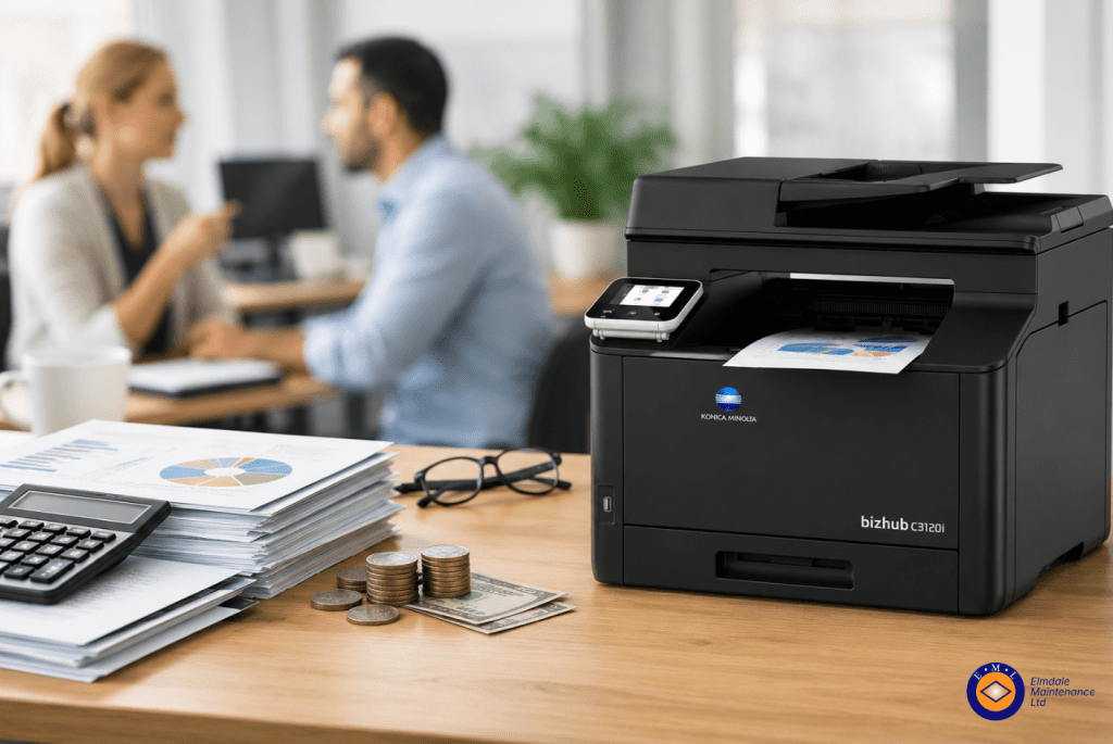 How to Reduce Office Printing Costs | Elmdale Maintenance Ltd A Konica Minolta bizhub C3120i multifunction printer sits on a wooden office desk, printing a colour report with charts and graphs. Nearby are stacks of paperwork, a calculator, glasses, and cash, illustrating office printing costs and document management. In the blurred background, two colleagues are engaged in a discussion within a bright, modern workplace.