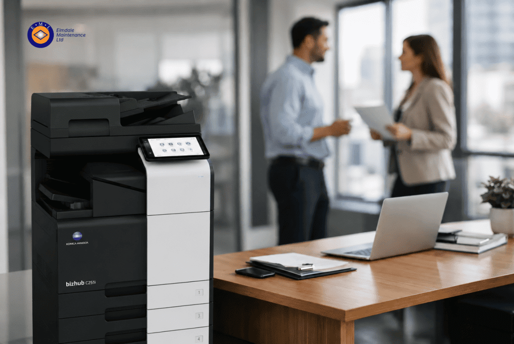 Office Printer Leasing for Small Business | Elmdale Maintenance Ltd A modern office environment featuring a Konica Minolta bizhub C251i multifunction printer in the foreground beside a wooden desk. A laptop, clipboard, and smartphone sit on the desk, while two colleagues are seen in soft focus discussing documents near large office windows. The scene highlights professional office printing and document workflows in a contemporary workplace.