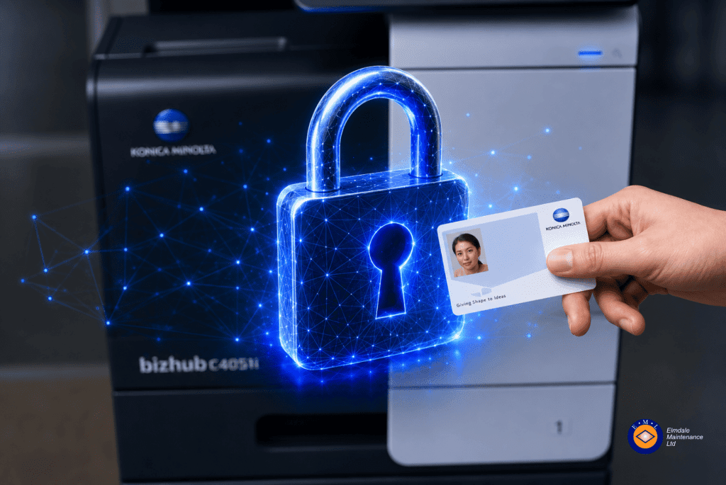 Why Secure Print Management Software Matters | Elmdale Maintenance Ltd Close-up of a Konica Minolta bizhub C4051i multifunction printer with a glowing 3D holographic padlock displayed in front of the device. The padlock is formed from interconnected digital network lines and illuminated in bright navy-blue tones, symbolising secure print authentication and document protection. A user holds an access card beside the printer, demonstrating card-based secure release printing. Subtle digital network graphics and light effects enhance the cybersecurity theme in a modern office environment.