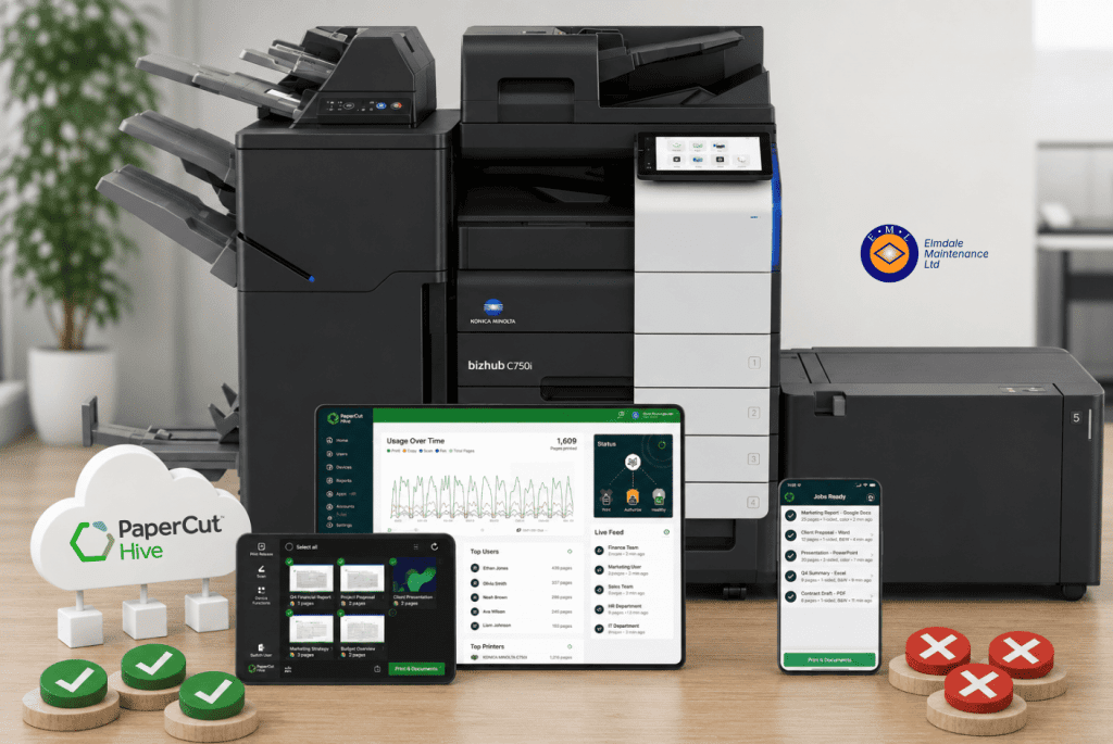 PaperCut Hive Alternative: What to Choose | Elmdale Maintenance Ltd Konica Minolta bizhub C750i multifunction printer displayed in a modern office environment alongside PaperCut Hive cloud print management interfaces shown on a tablet, smartphone and desktop dashboard. The image features PaperCut Hive branding, print analytics, secure print release screens and cloud printing visuals, with green tick icons and red cross icons highlighting managed print benefits and challenges. The large floor-standing printer is the focal point of the image, demonstrating a cloud-connected print management solution for businesses.