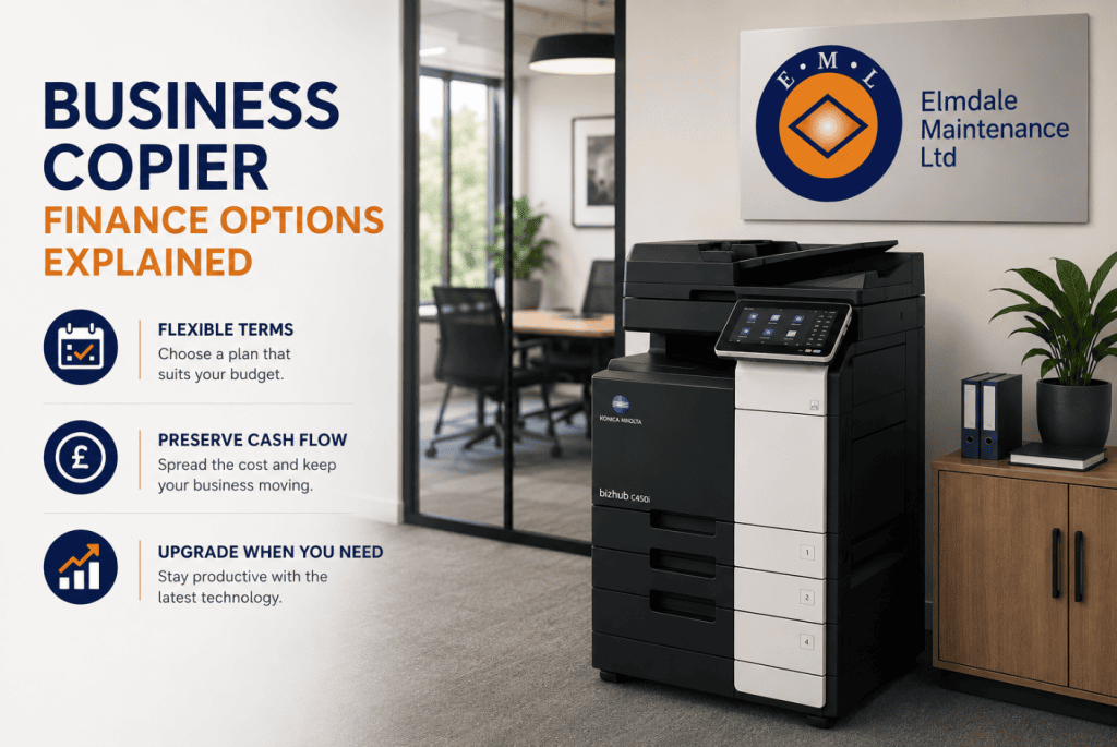 A modern office features a free-standing Konica Minolta multifunction copier alongside simple graphics explaining business copier finance options. Elmdale Maintenance branding, finance icons and a clean corporate workspace illustrate flexible payment terms, improved cash flow and technology upgrades for businesses.