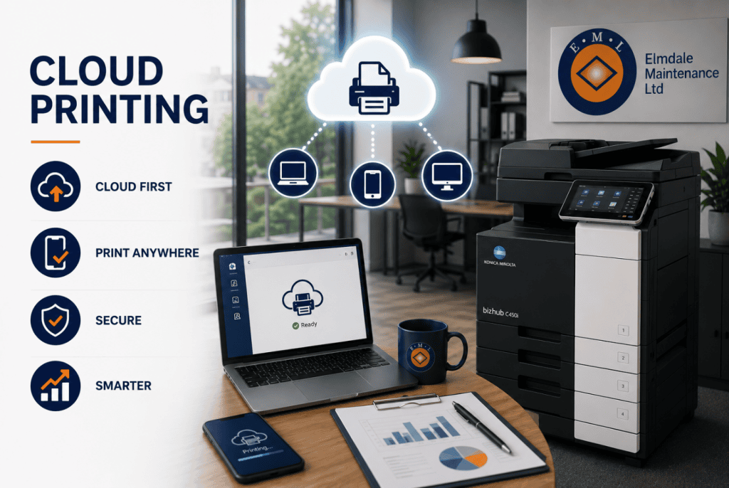Modern office workspace with a Konica Minolta multifunction printer connected to cloud printing services. A laptop, smartphone and desktop computer link to a central cloud print icon, illustrating secure cloud printing, device flexibility and streamlined document workflows in a professional business environment.